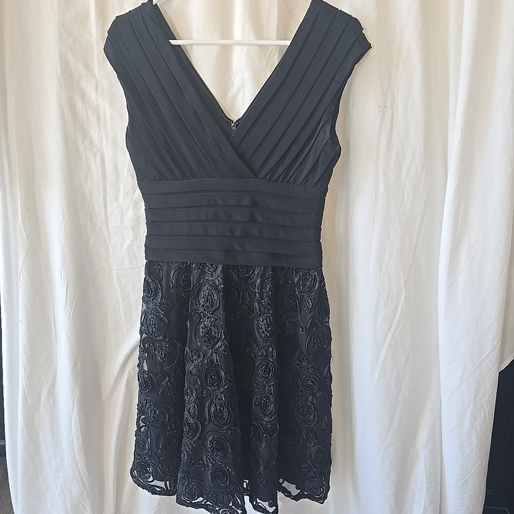Adrianna Papell Black Pleated Ribbon Floral Sleeveless Dress Size 8 Party Prom